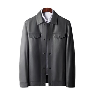 Tommy Black Genuine Leather Jacket Men's Spring & Fall New Sheepskin Lapel Short Middle-Aged Casual Workwear Motorcycle Leather Jacket