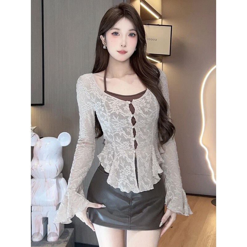 Irregular Ruffled Long-Sleeve Lace See-Through Cardigan with a Pure and Desirable Style, Designed for Spring and Summer, Slimming and Sun-Protective Outerwear