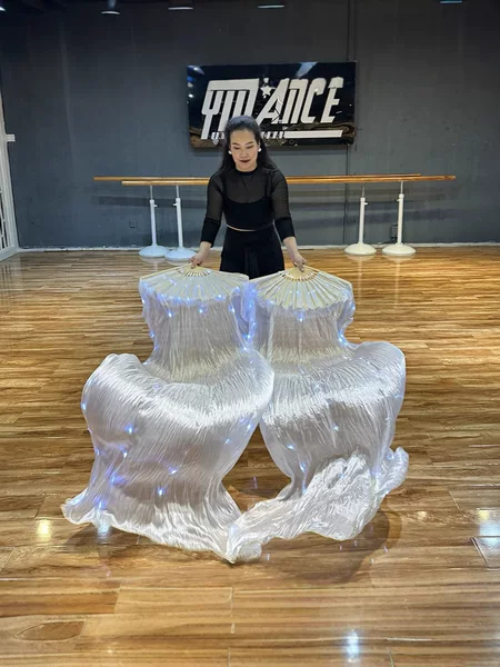 Led Light-Emitting White Self-Flashing Fan Silk Long Thick Fan Dance Props Bar Performance Fluorescent Dance Performance Costume