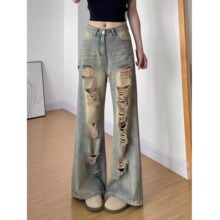 夏季高腰显瘦梧桐直筒阔腿拖地裤子美式复古做旧乞丐破洞牛仔裤女