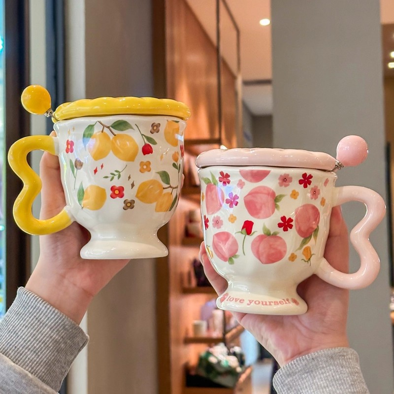 高颜值陶瓷杯子带盖带勺女生可爱水果马克杯办公室咖啡杯生日礼物