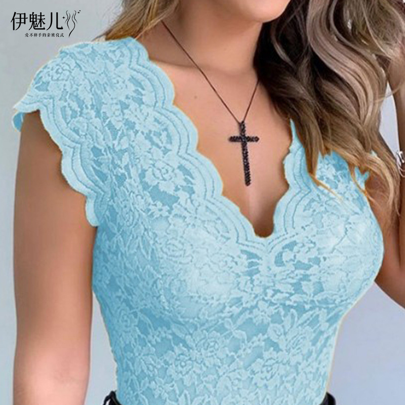 2024 deseo nuevo encaje con cuello en V camiseta sexy ver-a través de la parte superior B3067