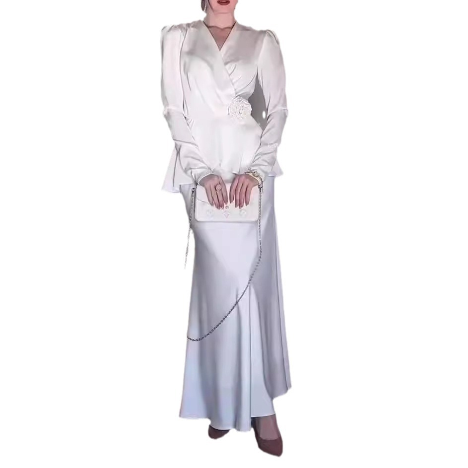 Vêtements pour femmes haut de gamme tempérament soyeux col en V taille haut robe jupe costume deux pièces_voghion.com