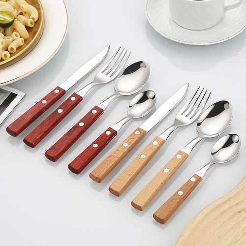 Clamp handle knife, fork and spoon 304 stainless steel four-piece set Japanese rosewood beech steak knife and fork Western tableware set