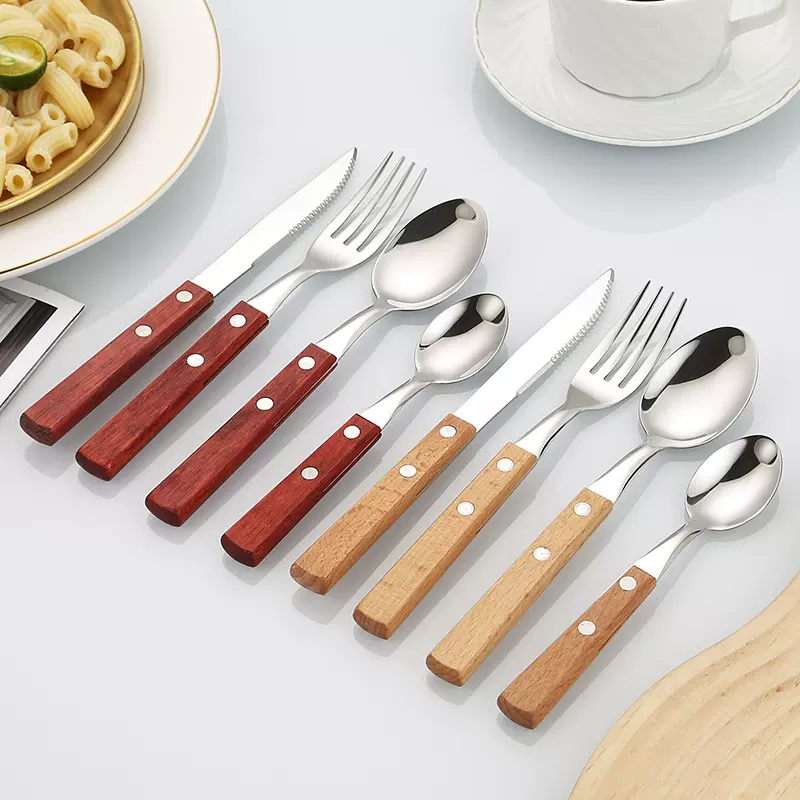 夹柄刀叉勺304不锈钢四件套日式花梨红木榉木牛排刀叉西餐具套装