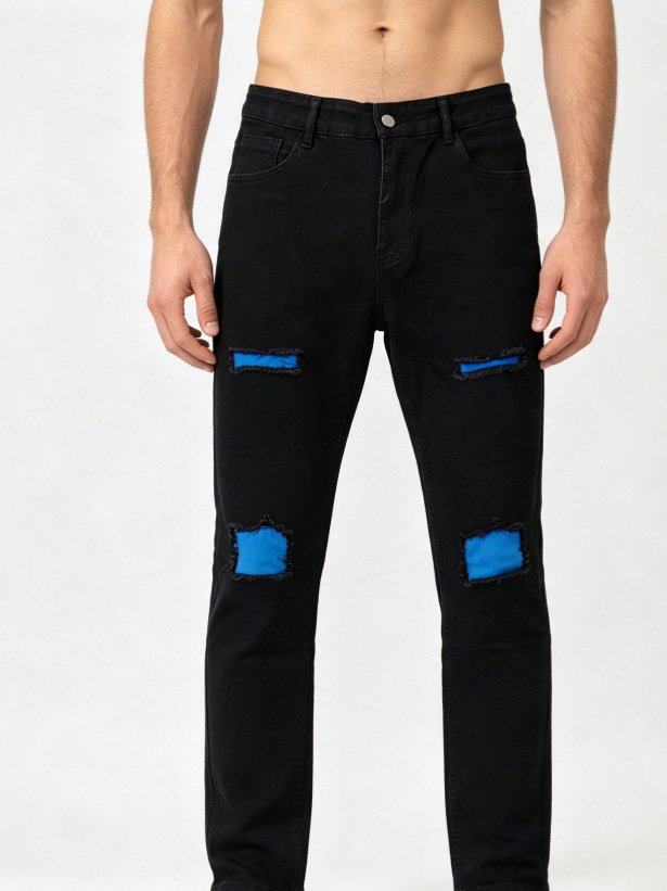 Jeans Rotos con Parches para Hombre, Mezclilla de Algodón, Elástico, Corte Ajustado, para Uso Casual