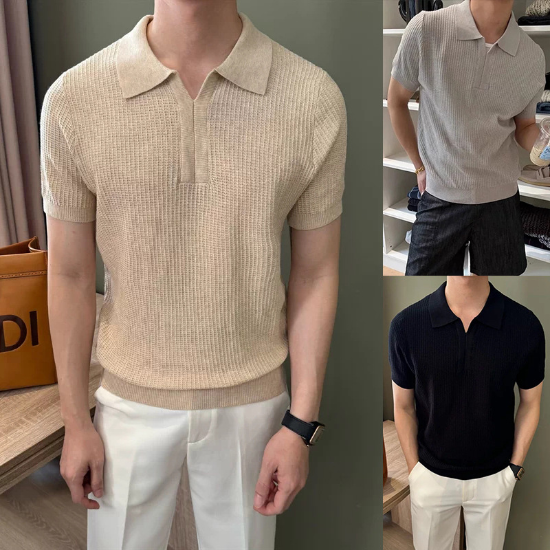 Polo camiseta de punto camiseta de manga corta camiseta hombre cuello en V cuello gaviota sensación de textura viejo dinero viento hielo seda fábrica transfronteriza al por mayor