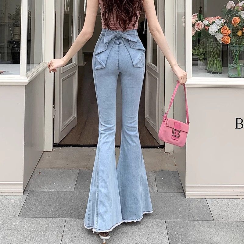 Wholesale Petite Women's High-Waisted Flared Jeans with 3D Butterfly Design on the Back, Similar to Yifei's Style, for Summer, Slimming Effect