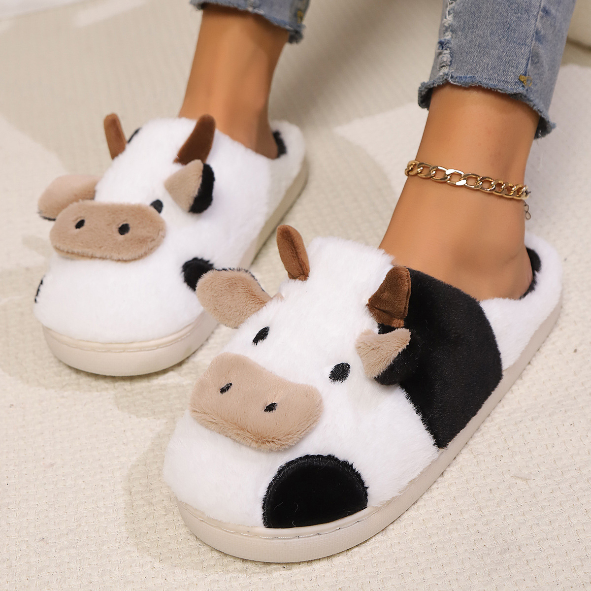 卡通毛毛棉拖鞋女室内家居冬季奶牛棉TPR可爱秋冬棉拖鞋厚底