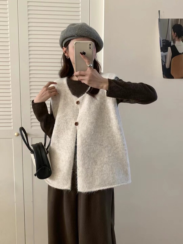 韩系简约百搭软糯慵懒风毛衣马甲女秋冬新款宽松叠穿针织背心|undefined
