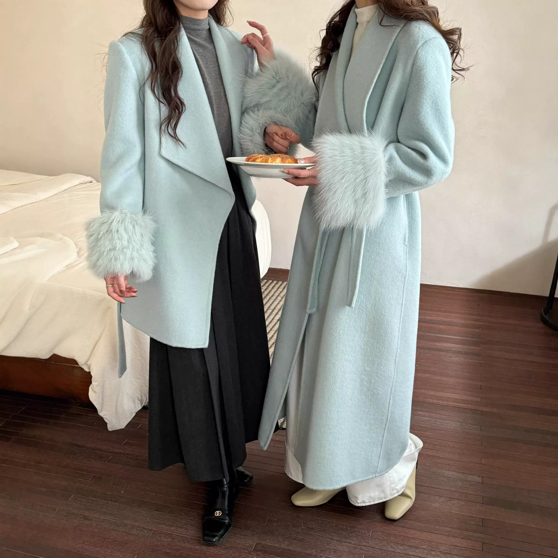 2025正肩大翻领狐狸毛线双面羊毛大衣女系带气质毛呢外套