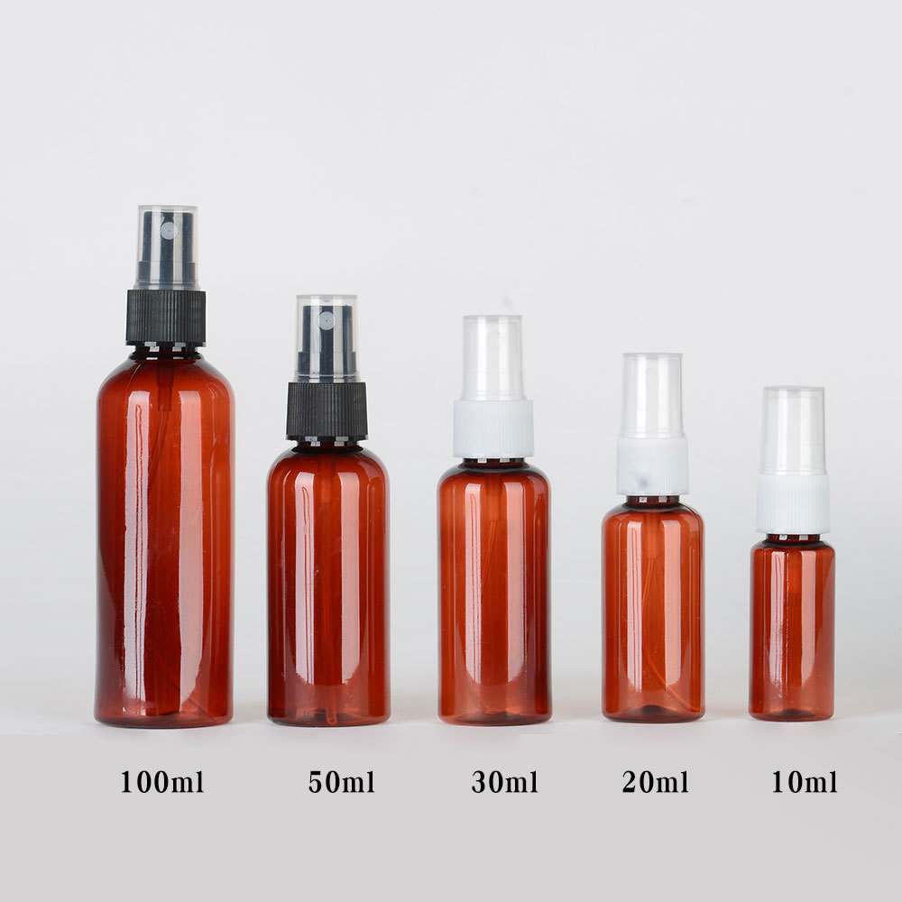 Botella de spray de pet al por mayor, té marrón, niebla fina marrón, subpaquete pequeño, botella vacía de plástico portátil, regadera pequeña, botella que evita la luz