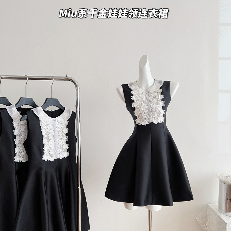 High-Waisted Sleeveless French Lace Short Skirt Dress with Baby Doll Collar High-Waisted Sleeveless French Lace Short Skirt Dress with Baby Doll Collar