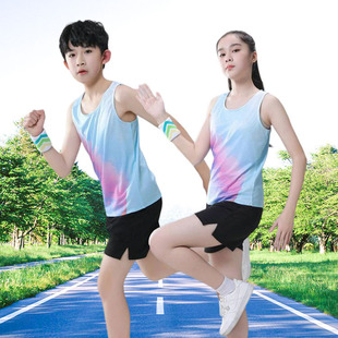 Track and Field Suit Kidsren's Short-Sleeved T-Shirt Kidsren's Blue and Pink Training Quick-Drying School Primary School Students Jogging Printing