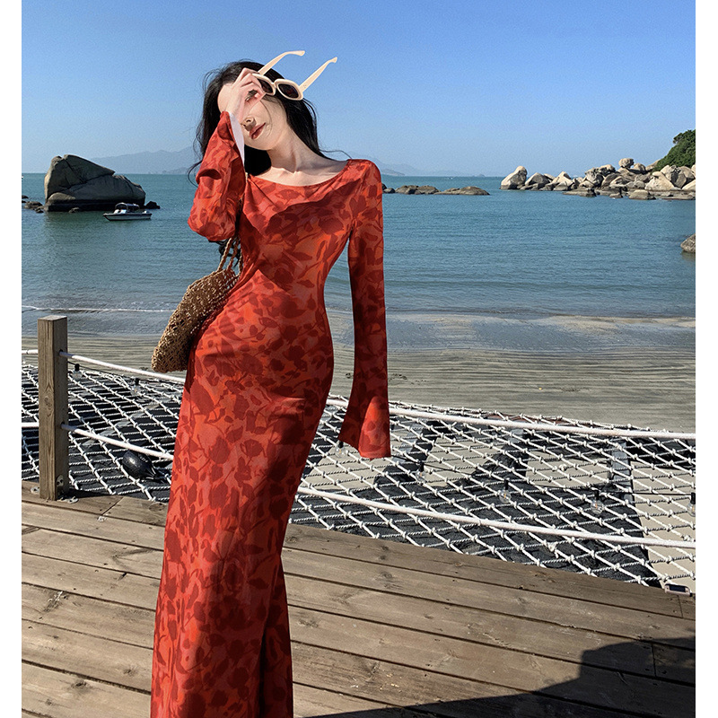 2025新款旗袍女高级感改良新中式连衣裙摩洛哥玫瑰印花长袖连衣裙|undefined