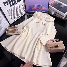 女童洋气长裙韩版儿童长T恤裙中大童春秋新款纯色简约连帽连衣裙