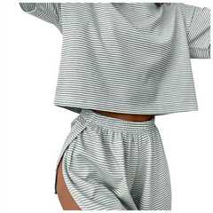 クロスボーダー Amazon 2025 夏 シンプルで快適なストライプ半袖ウエストゴムショーツ ホーム服 2点セット 女性用