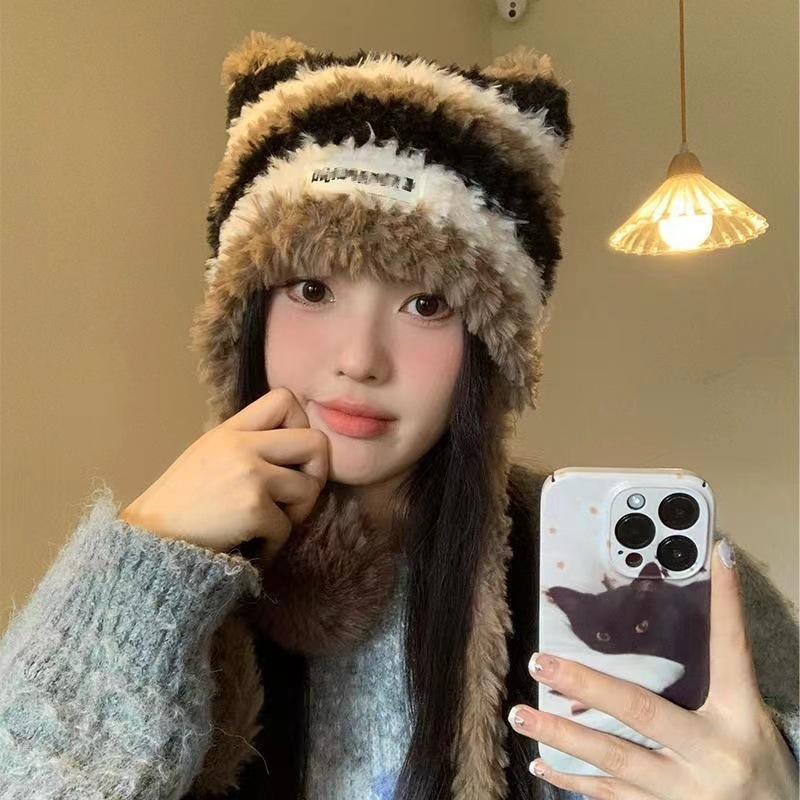 帽子女猫耳朵条纹毛线帽冬季帽子双毛球保暖帽皮标毛绒护耳针织帽|undefined
