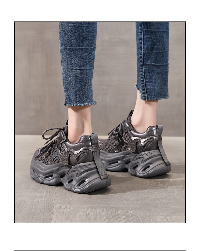 Giày sneaker nữ chunky đế dày tăng chiều cao, đính đá rhinestone, phong cách thể thao — Màu súng chi tiết 16