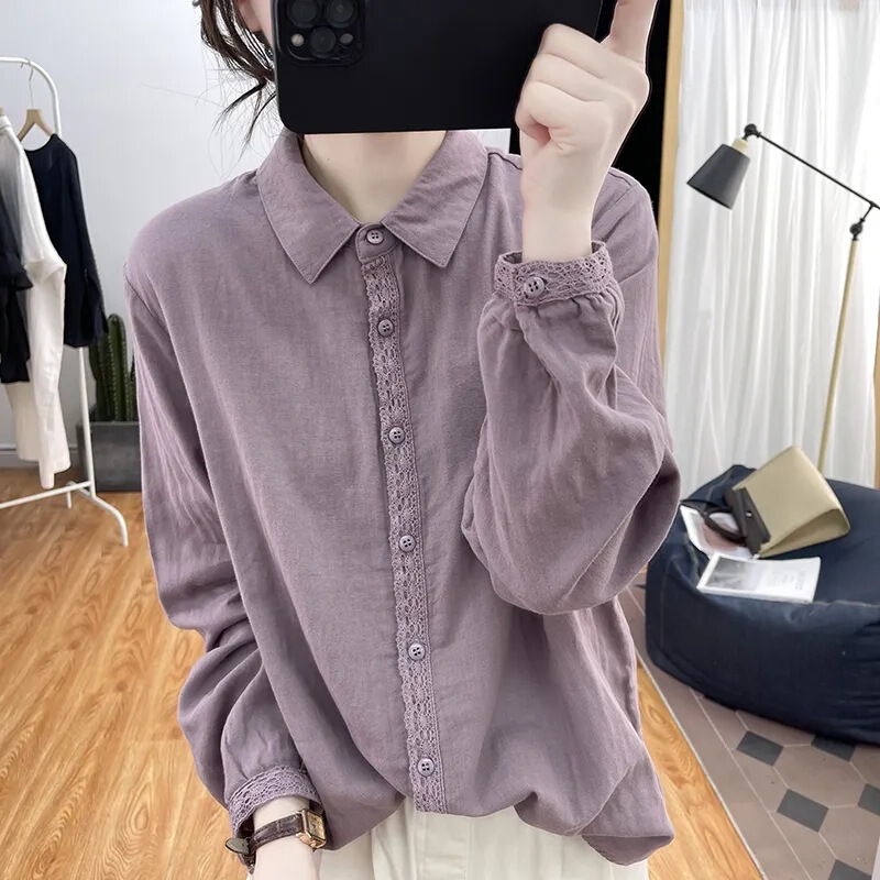 Spring and Summer New Cotton and Linen Shirts for Women, Lace Splicing Pure Cotton Long-Sleeved Loose Age-Reducing Tops, Retro Bottoming Shirts