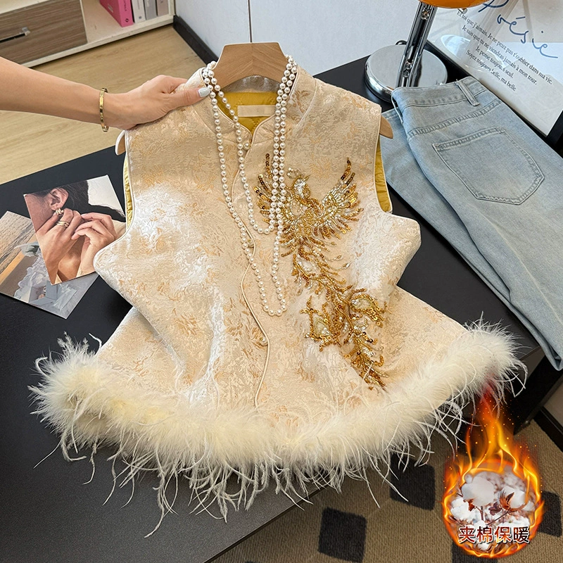 Three dimensional nail sequins, quilted vest, Chinese style, round collar, increased thickness