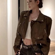 复古棕咖色皮衣外套女春秋美式机能风宽松短款设计感皮夹克机车服