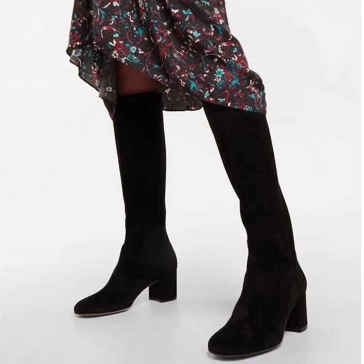 New Brown Suede High-Heeled Long Boots for Women, Chunky Heel, Wide Calf Circumference, Knee-High Boots, Round Toe, Black High-Tube Riding Boots