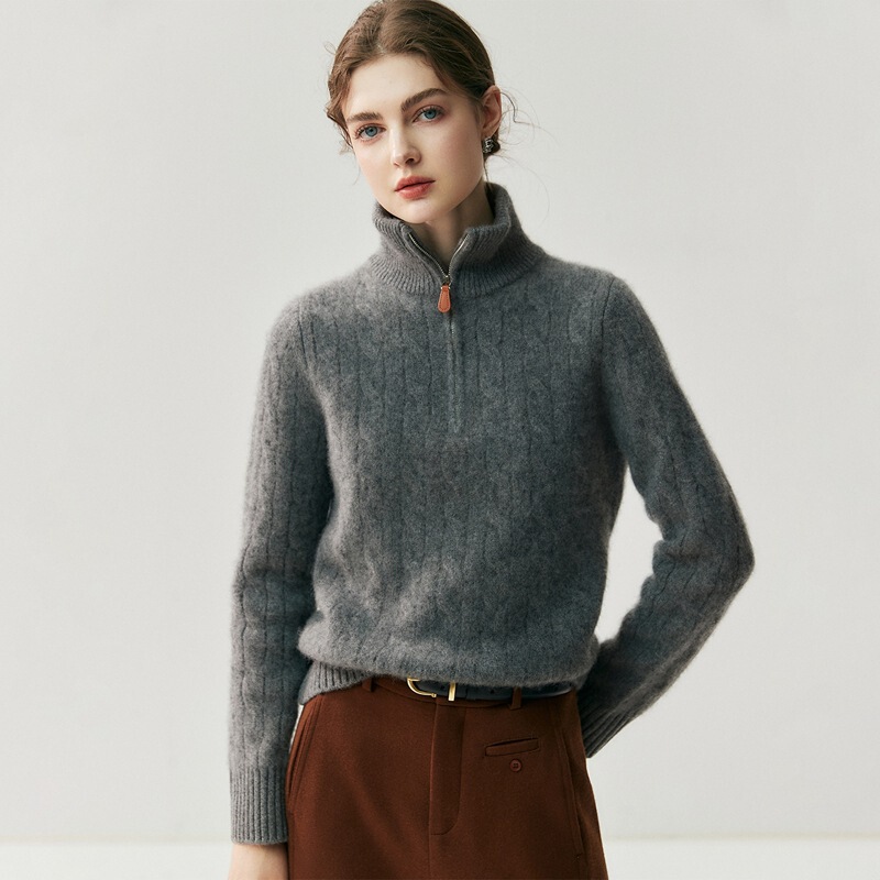 2025 New Autumn and Winter Cashmere Sweater for Women Thickeneded Half-Zip High Collar Twisted Twist Loose Knitted Sweater