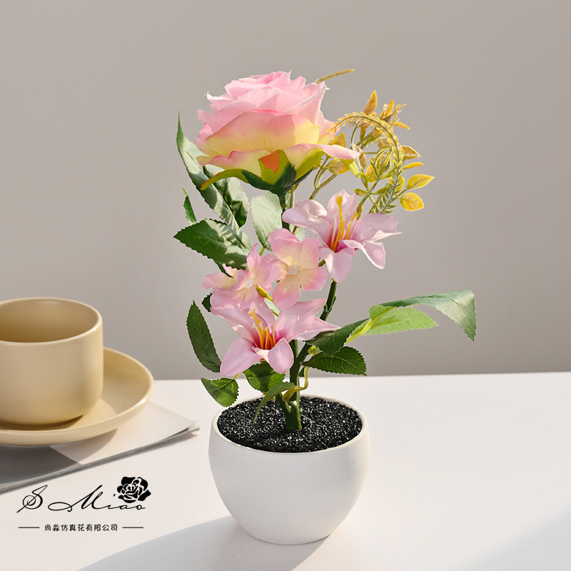 Nuevo producto transfronterizo rosa pequeño bonsai flor de simulación creativa decoración de estudio fotográfico para el hogar decoración planta verde artificial simulación planta en maceta