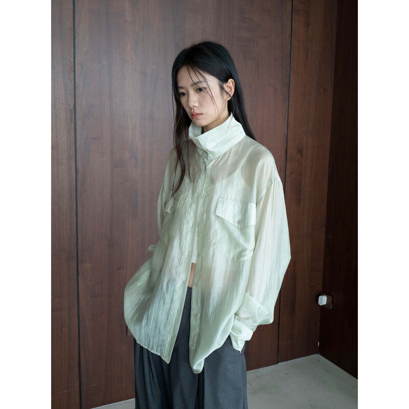 Louvre's New Summer Style Korean-Style Three-Dimensional Patch Pocket Air-Striped Shirt with a Translucent Sun-Protective Feel for Women Louvre's New Summer Style Korean-Style Three-Dimensional Patch Pocket Air-Striped Shirt with a Translucent Sun-Protective Feel for Women