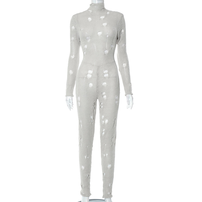 Women Clothing Autumn Winter Holes Long Sleeve Back Strap Woolen Long Conjoined Trousers