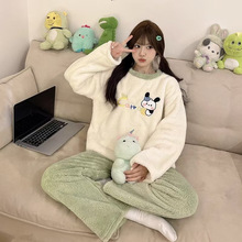 跨境外貿秋冬季睡衣女法蘭絨加厚女甜美卡通休閑長袖套頭家居服