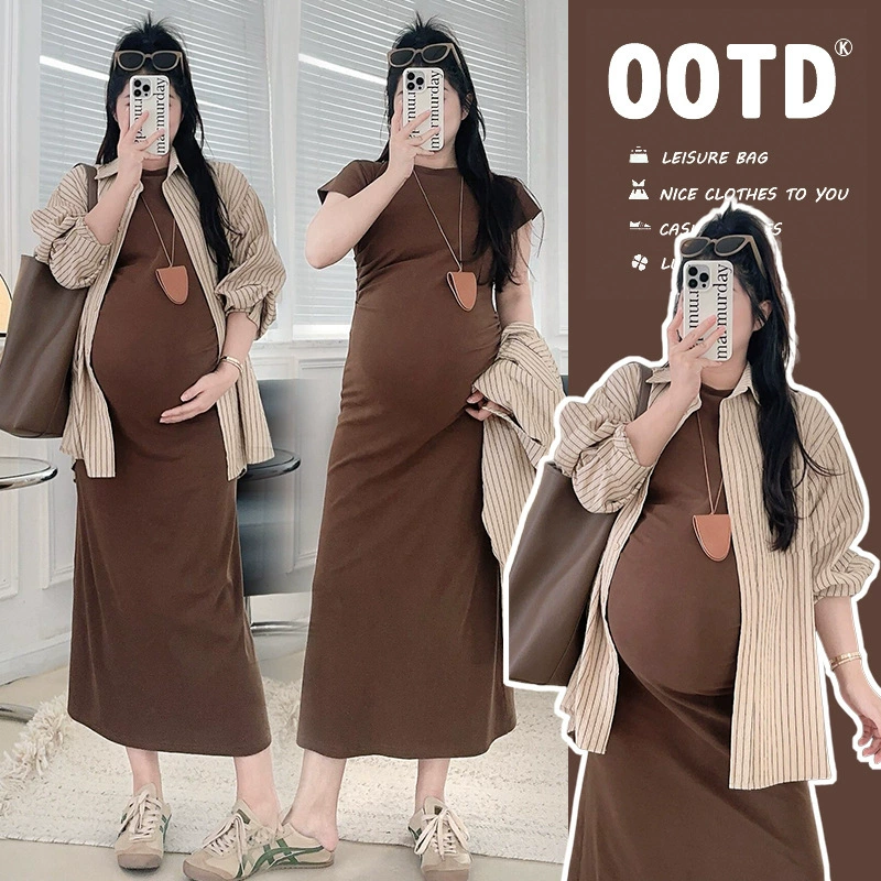 Летний костюм для беременных 2025, новый корейский стиль, тонкое хлопковое платье с короткими рукавами, полосатая рубашка, женский комплект из двух предметов