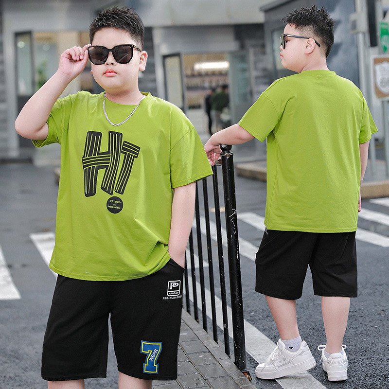 Chubby Boys Children's Summer Suit Plus Fat Plus Large 7-15 Years Old Children's Wear Chubby Boys Cotton Short-sleeved Shorts Two-piece Thin Suit