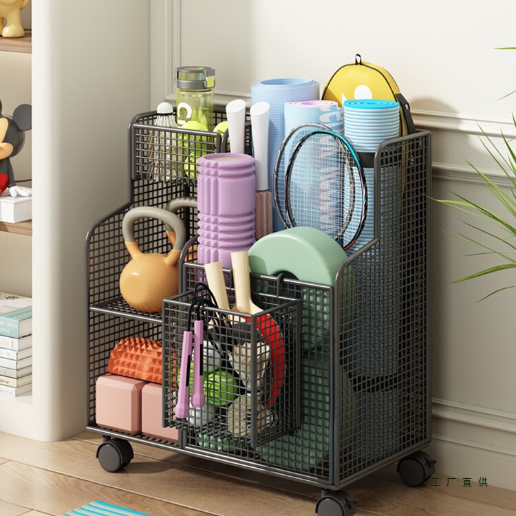 Yoga Mat Storage Basket, Home Fitness Equipment Storage Rack with Wheels, Basketball Badminton Sandwich Storage Rack