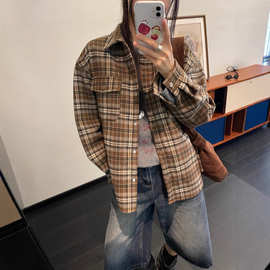 加绒呢格衬衫外套女 2025秋新款韩版宽松休闲翻领加厚衬衣 88033