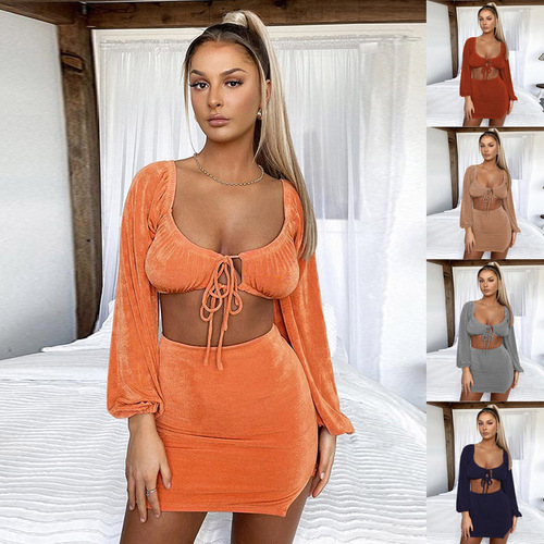 European and American Fashion Women's Autumn New Sexy Square Collar Strappy Long Sleeve Short-sleeve Top Set for Women