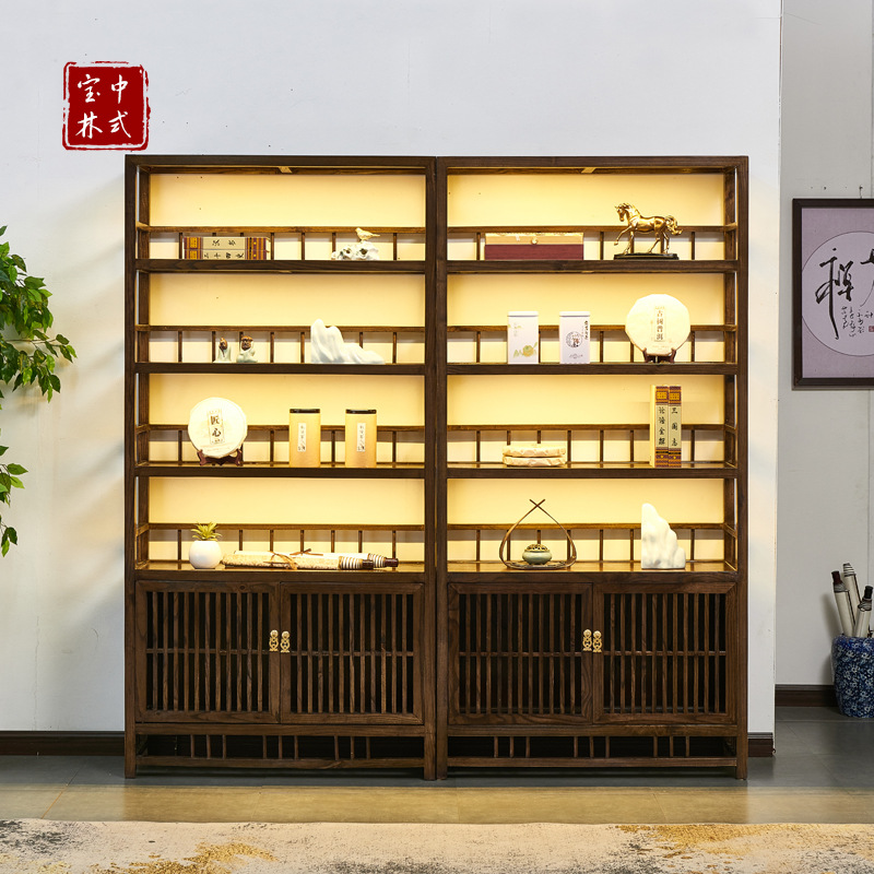 新中式博古架禅意书架实木茶叶柜置物架古董架老榆木多宝阁展示架