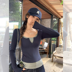 塞纳藏青色拉链开衫长袖T恤女2025秋季新款时尚设计纯欲修身上衣