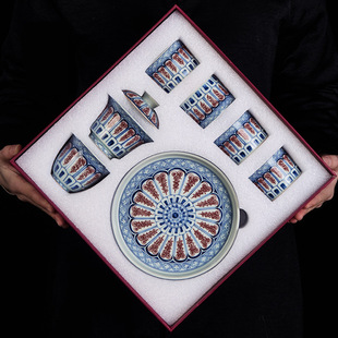 Jingdezhen antique mud red roll pattern Cover bowl tea set gift box straight cup tea cup tea bowl Thank You customer gift