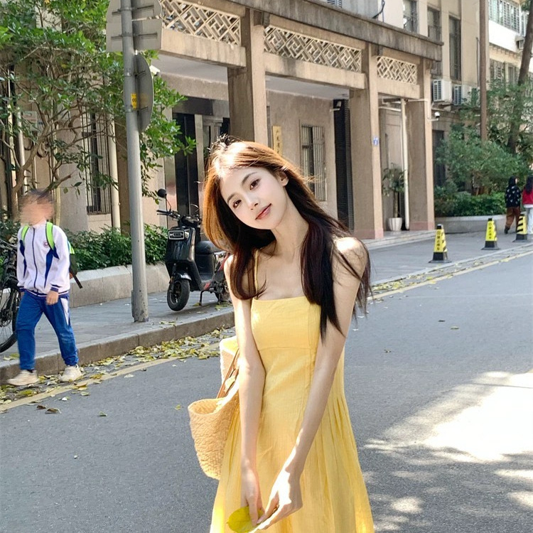 [Welcome to Contrast] French Style Little Man Sling dress Women's Summer Waist Elegant Long Dress for Seaside Vacation
