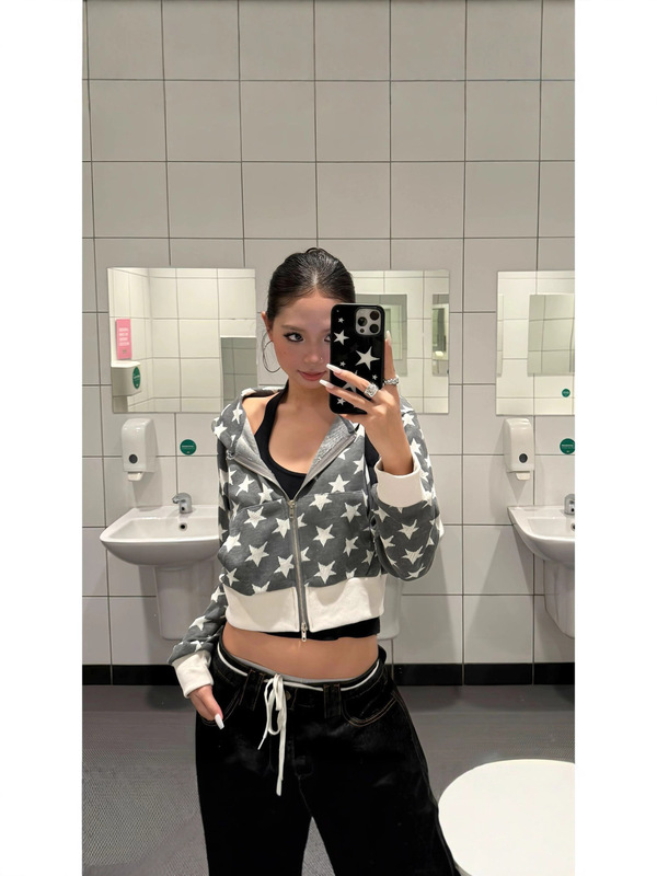 美式复古星星连帽开衫卫衣女短款辣妹休闲外套春秋设计感小众上衣|undefined