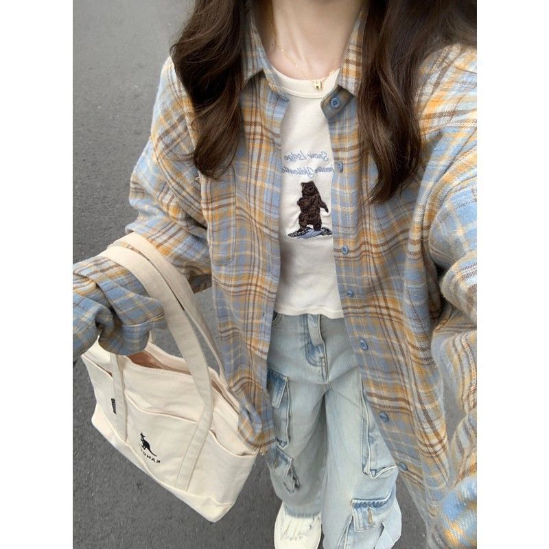幂式穿搭格子衬衫女慵懒风复古宽松衬衣开衫外套长袖上衣春秋季|undefined