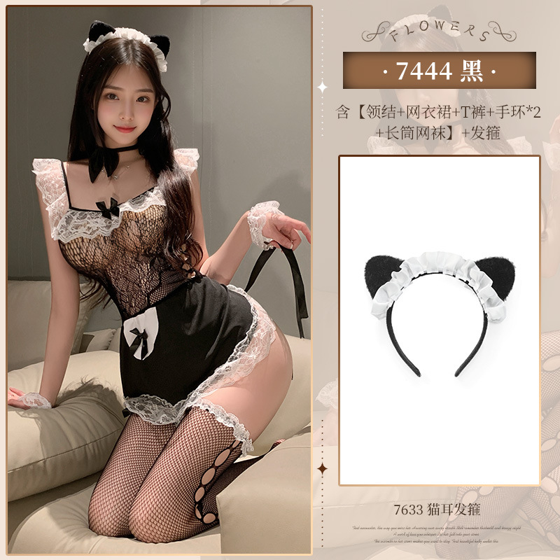 NY1SYT003062 black [bow tie + net skirt + T pants + bracelets*2 + long fishnet s…