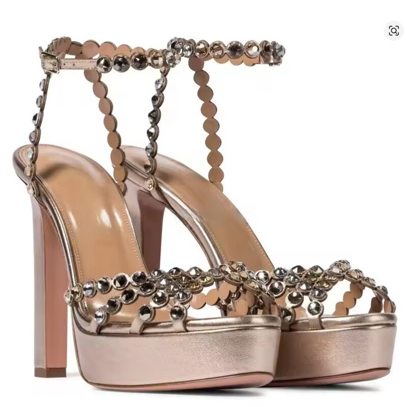 Foreign Trade Cross-Border Summer Thick-Soled Waterproof Platform Thick-Heeled High-Heeled Rhinestone Buckle Sandals Women's Fish Mouth High-Heeled Shoes Catwalk