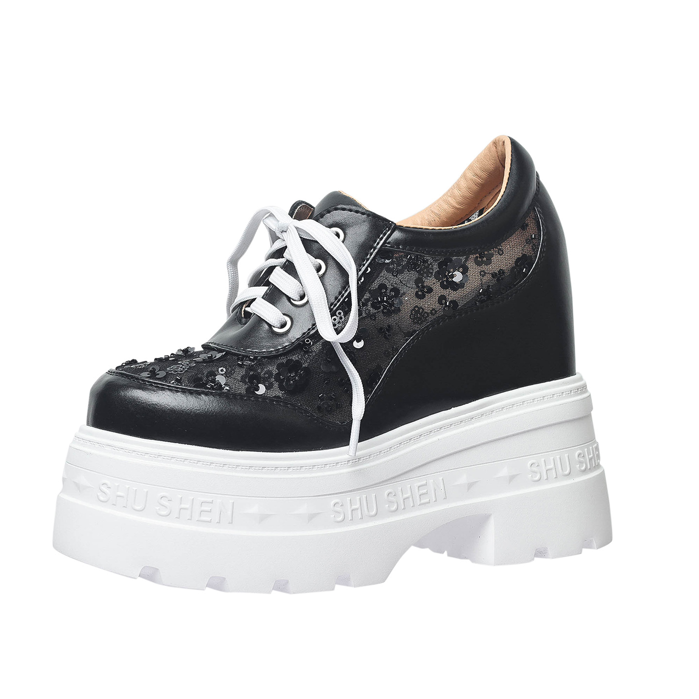 Giày sneaker nữ đế dày lưới thoáng khí, phối dây buộc phong cách loafer đế xuồng — Trắng 12cm, Trắng 15cm, Đen 12cm, Đen 15cm