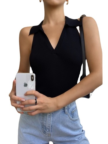 French-style temperament black slimming innerwear polo collar ice silk vest for women summer V-neck sleeveless knitted top