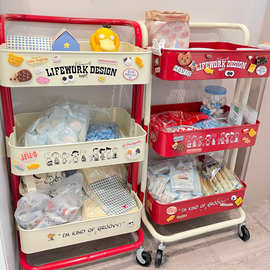 网红拼色小推车置物架可移动零食架落地收纳架卧室客厅架整理架子