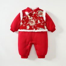 婴幼儿衣服冬季棉衣新生儿连体衣夹棉加厚红色喜庆女宝宝拜年棉服