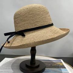 春の日本文学リボンラフィア手織り麦わら帽子女性用大きなつば顔見せ小さな日焼け止めサンハット